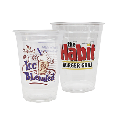 Picture of Clear plastic drinking cups with different compay logos on them